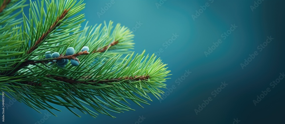 Poster pine branch with needles close up. creative banner. copyspace image