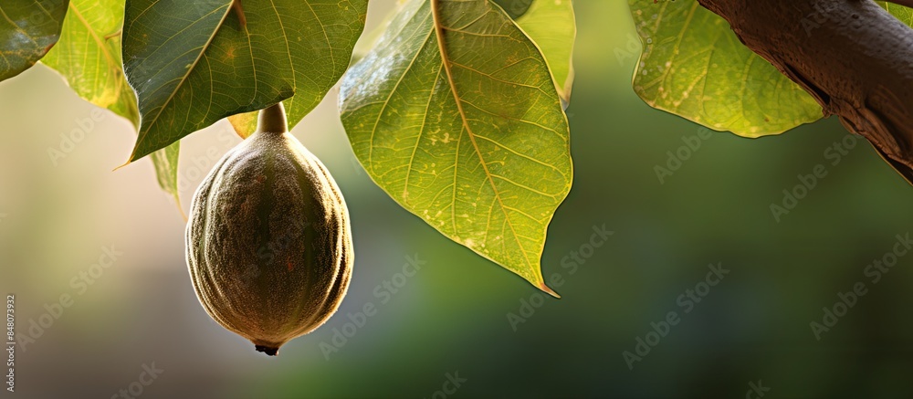 Poster an unripe fig fruit on a tree. creative banner. copyspace image
