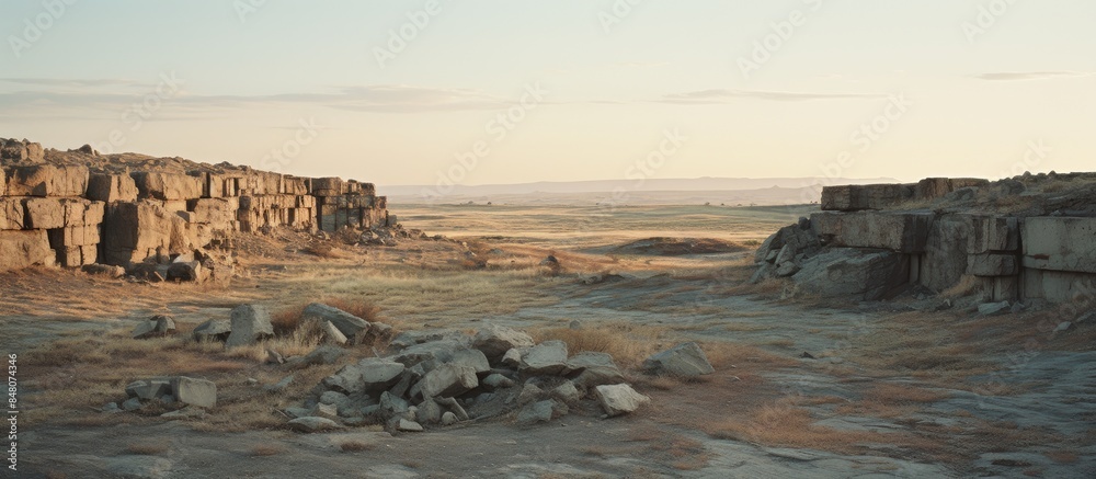 Aufkleber old abandoned quarry in the steppe. creative banner. copyspace image