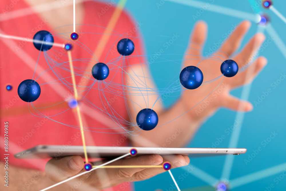 Poster Neural network 3D illustration. Big data and cybersecurity