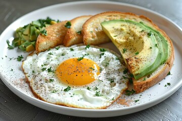 A white plate topped with an egg and toast