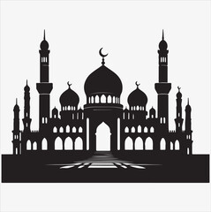minimal mosque vector art illustration, silhouette on black, white background 