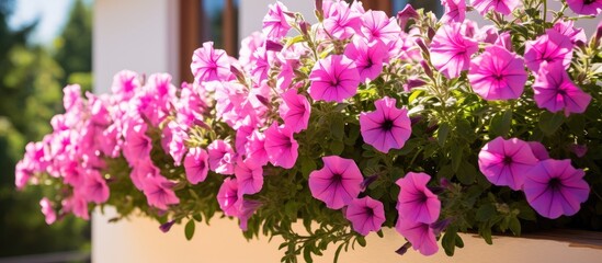 Fototapeta premium Beautiful blooming petunia flowers in window boxes on a nice summer day. Creative banner. Copyspace image