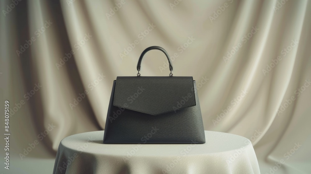 Poster a black purse sitting on a table with a simple background, suitable for use in lifestyle or commerce