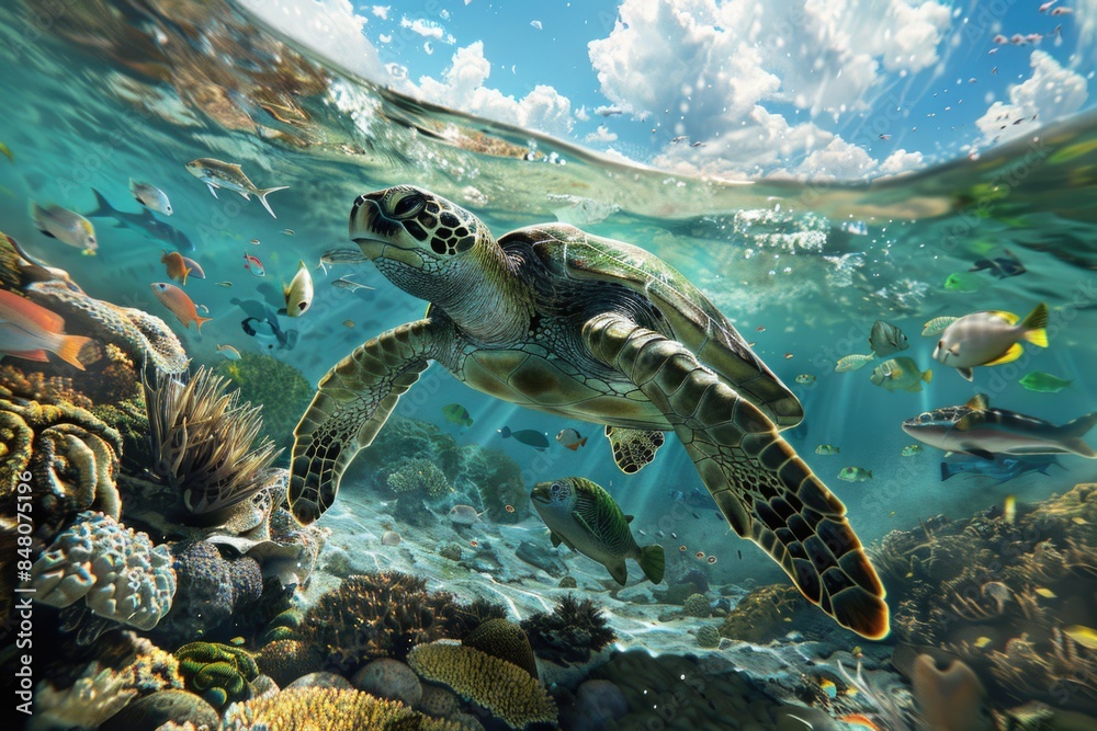 Poster a turtle swims through the ocean surrounded by fish, providing a unique and serene underwater scene