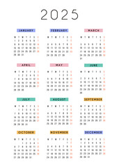 English vertical calendar 2025 year. Vector stationery calendar week starts Monday. Yearly organizer. Simple calendar template in minimal design. Business illustration.