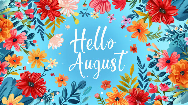 Summer background with red orange flowers and white sign Hello August on blue backdrop.