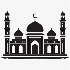 minimal mosque vector art illustration, silhouette on black, white background 