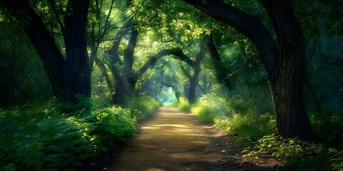 Obraz premium Serene forest path under arching trees with sunlight filtering through leaves. Concept Nature, Forests, Trails, Sunlight, Serenity