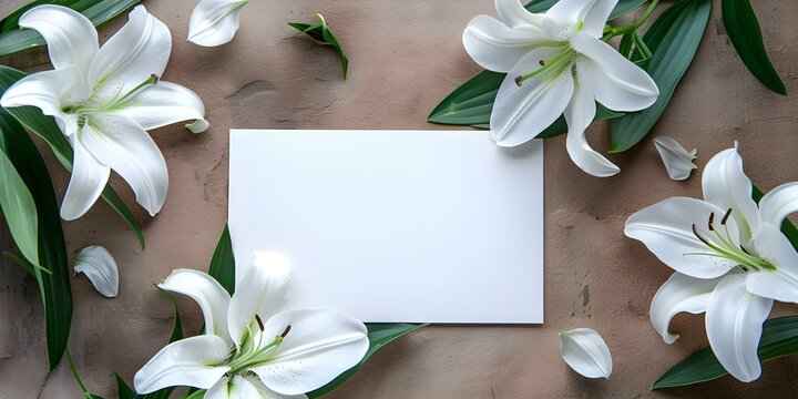 Overhead image of condolence card with white lilies and blank space. Concept Condolence Card Design, White Lilies Arrangement, Blank Space for Text