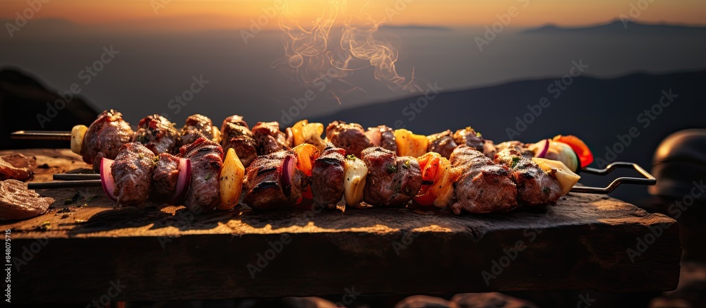 Poster rest the kebabs on the nature. creative banner. copyspace image