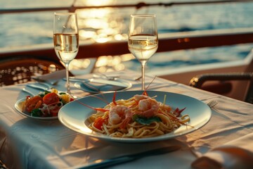Shrimp pasta dinner with white wine on a boat at sunset