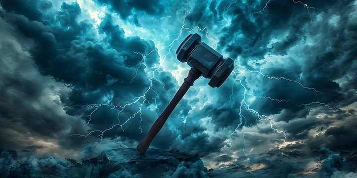 Powerful hammer symbolizing justice strikes lightning against stormy sky backdrop. Concept Powerful Hammer, Justice Symbol, Lightning Strike, Stormy Sky, Symbolism
