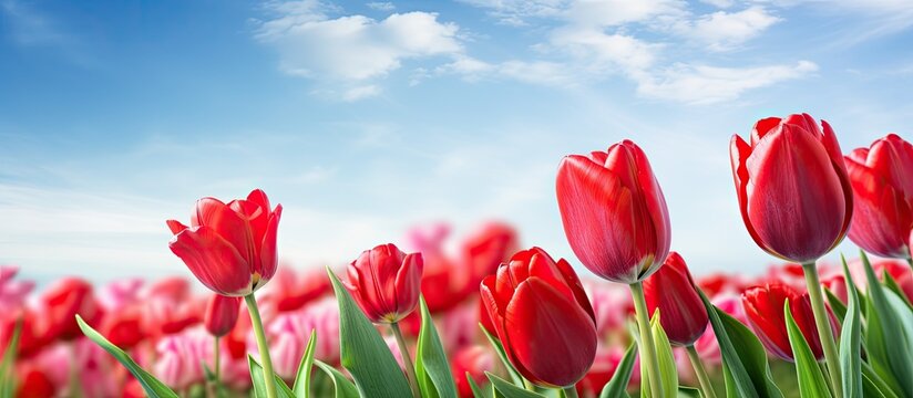 Beautiful flowers background Closeup and amazing view of growing red tulips flower. Creative banner. Copyspace image - Powered by Adobe