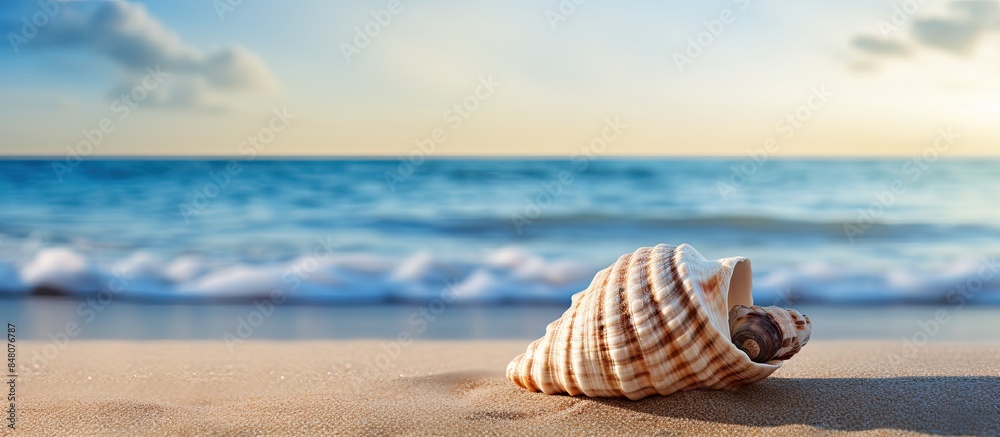 Poster lonely shell on the sand of a beach. creative banner. copyspace image