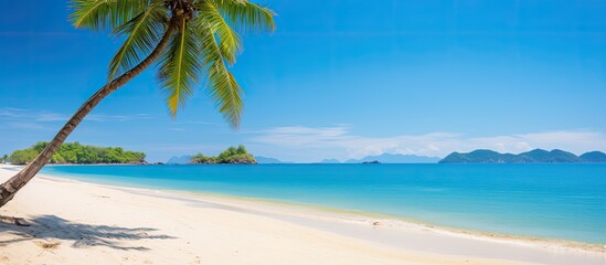 Sea view beach sand island and clear blue sky. Creative banner. Copyspace image