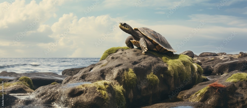 Poster turtle is sitting on the stone. creative banner. copyspace image