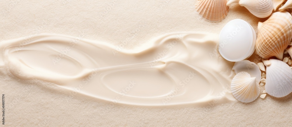 Poster flip flops with seashell and moisturizer cream on beach sand. creative banner. copyspace image