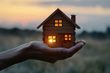 Hand Holding a Tiny House at Sunset