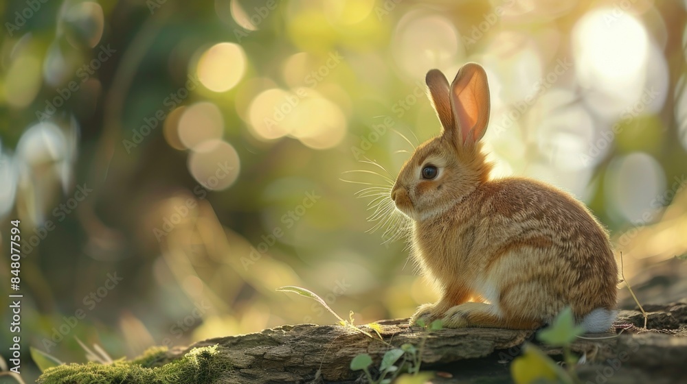 Poster A small rabbit sits on the edge of a tree branch, looking out at the viewer