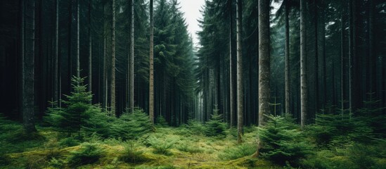 Dense forest Forest of coniferous trees of the highlands. Creative banner. Copyspace image