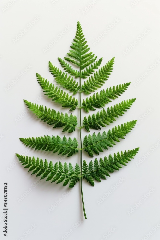 Poster a single green fern leaf sits on a clean white surface, ideal for use in nature-inspired designs or 