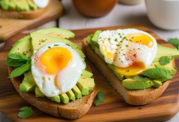 A slice of avocado toast with a poached egg on top, served on a wooden board with a cup of coffee in the background.