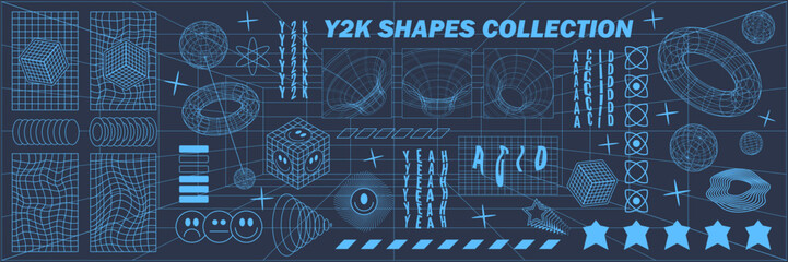 Abstract geometry hud wireframe shapes and patterns, cyberpunk elements, icon s and perspective grid s. Surreal geometric signs. Rave psychedelic futuristic Y2k acid aesthetic set. Vector illustration