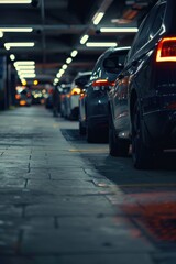 Obraz premium Row of vehicles in an urban parking facility, suitable for use in articles or designs about transportation, infrastructure, or city life