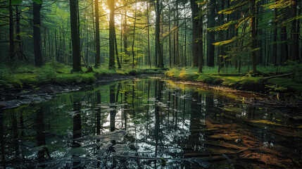 Obraz premium Lush green forest with a small pond in the center