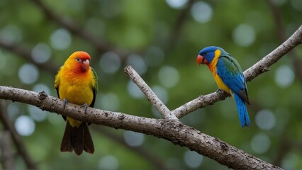 Fototapeta premium Colorful parrots perched on tree branches