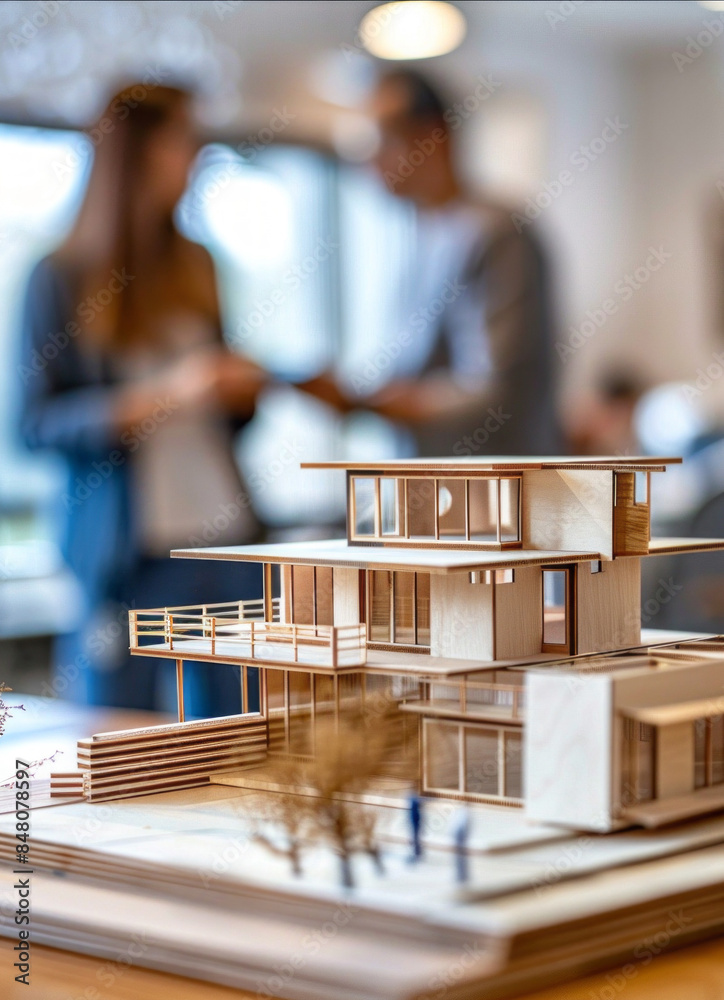 Poster a model of a house is on display with a couple of people looking at it