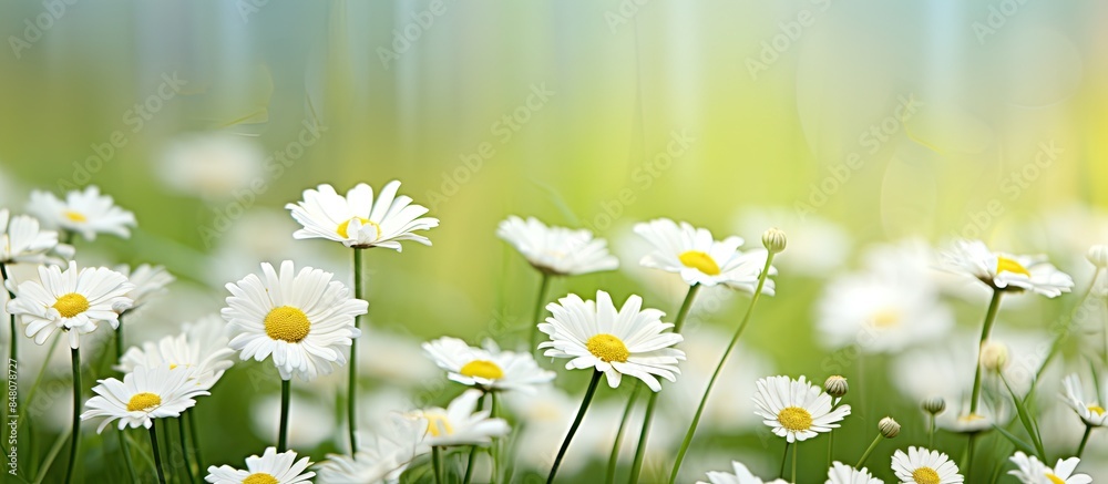 Poster white daisy in focus with several white daisies in the background of green grass. creative banner. c
