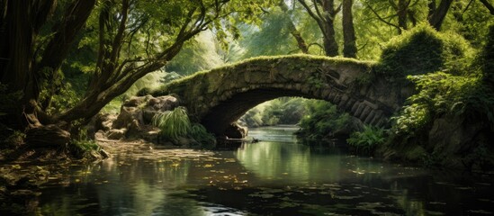 A bridge an old chain and thickets near a freshwater lake. Creative banner. Copyspace image