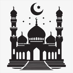 minimal mosque vector art illustration, silhouette on black, white background 