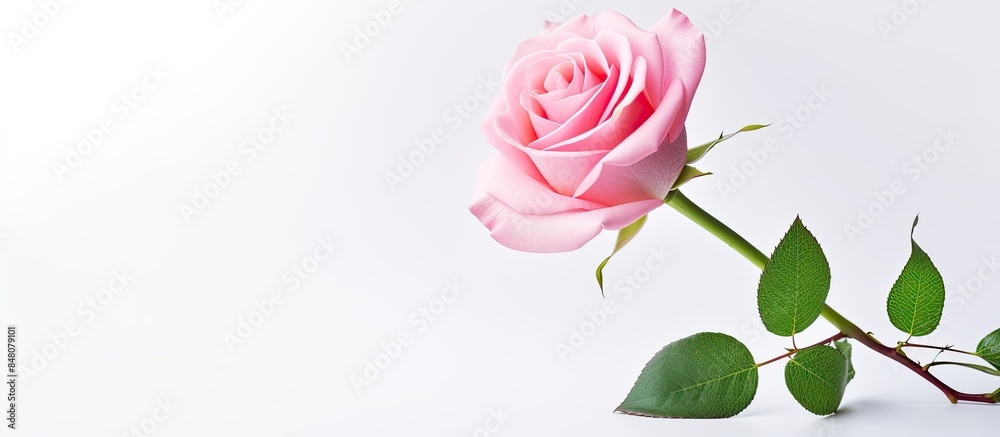 Wall mural Pink rose flower isolated on white background. Creative banner. Copyspace image