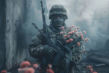 A soldier holding a gun and flowers, possibly as a symbol of peace or mourning