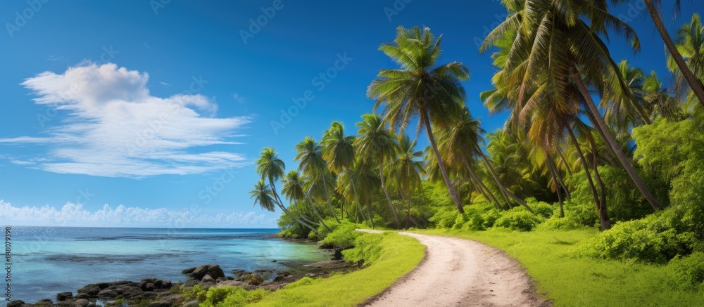 Poster a nature walkway with green and coconut trees and clear sky. creative banner. copyspace image