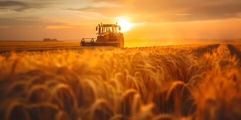 Fototapeta premium Modern tractor working in rice fields at sunset on a barley farm. Concept Agriculture, Farming, Tractor, Rice Fields, Sunset