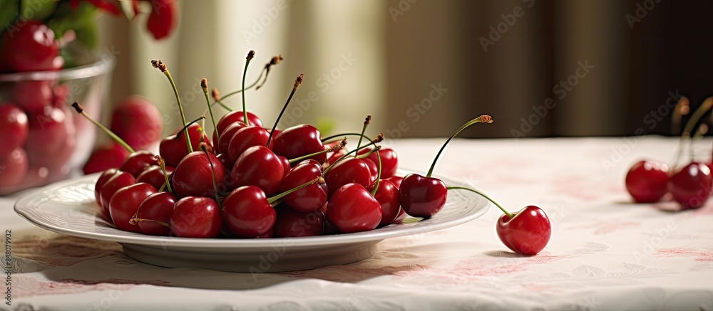 Poster plate of delicious red cherries on the table with tablecloth. creative banner. copyspace image