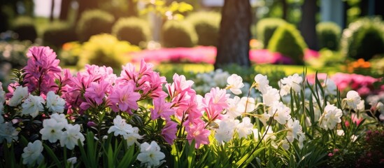 Many flowers in the garden. Creative banner. Copyspace image