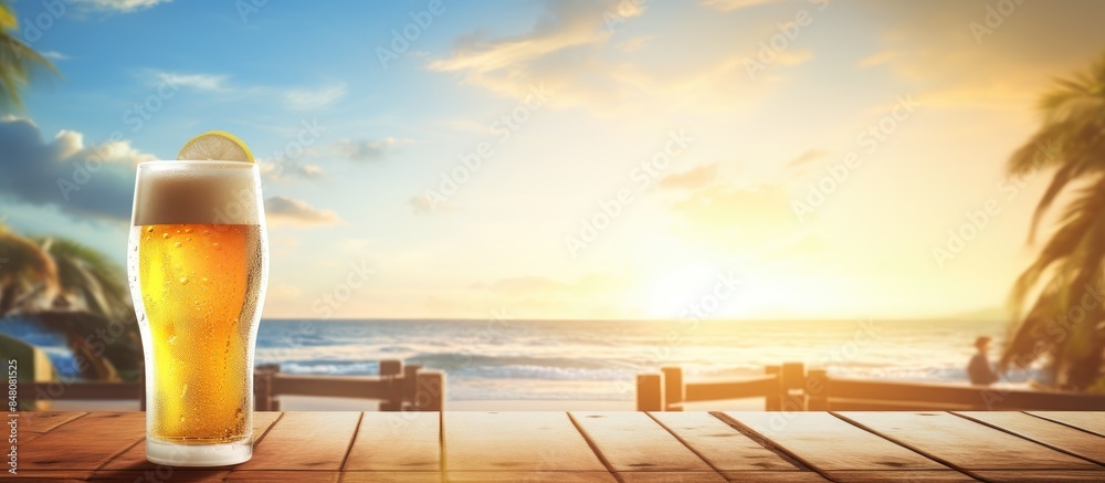 Poster enjoying a mug of beer during summer time. creative banner. copyspace image