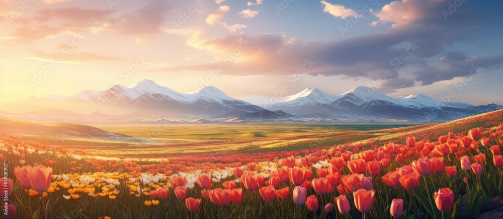 Sticker wild tulips in the steppe. creative banner. copyspace image