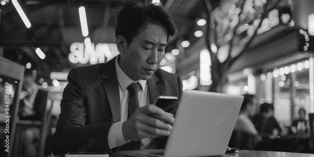 Poster a person sitting at a desk with a laptop, possibly working or browsing the internet