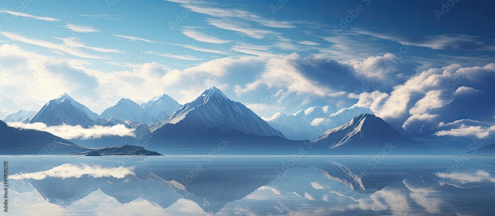 Poster reflection of clouds on mountain landscape. creative banner. copyspace image