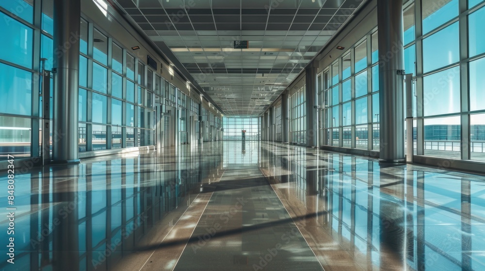 Poster a long hallway with rows of windows providing natural light and views