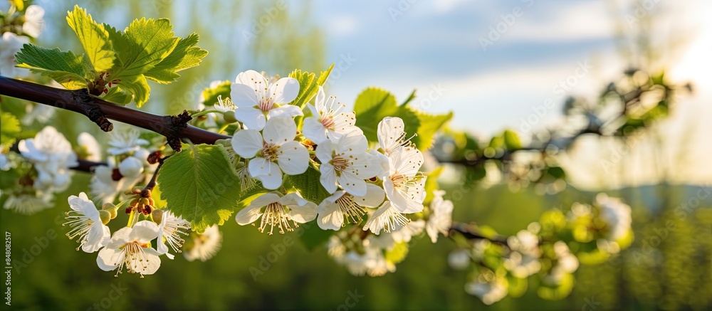 Aufkleber spring in siberia the blossoming currant. creative banner. copyspace image