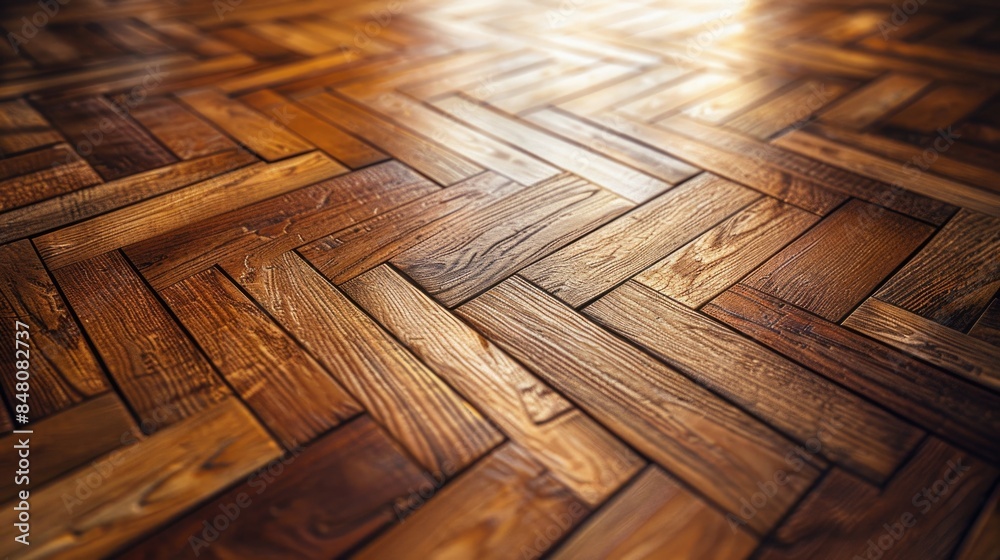 Poster a close up shot of a wooden floor with a light shining on it, ideal for interior design or architect