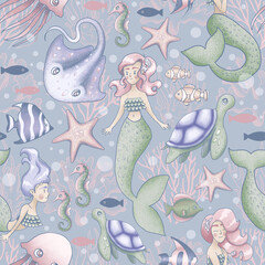seamless pattern with mermaid, sea animals and fish - blue background