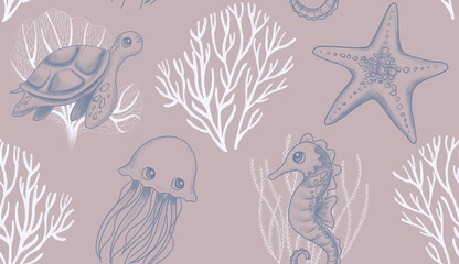seamless pattern with sea animals and coral reef, sea life - pink background